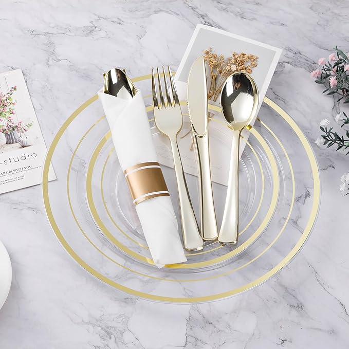 BESTVIP 350PCS Clear Gold Plastic Dinnerware Set for 50 Guests, Disposable Party Plate for Christmas and New Year,Halloween, Include: 100 Plastic Plates, 50 Pre Rolled Napkins with Silverware, 50 Cups