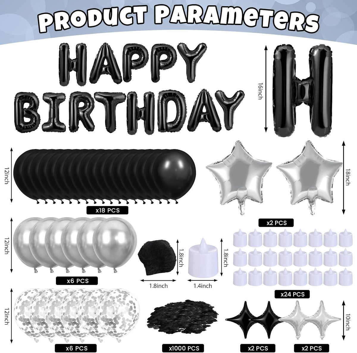 black happy birthday balloons decorations silver and black shown in use
