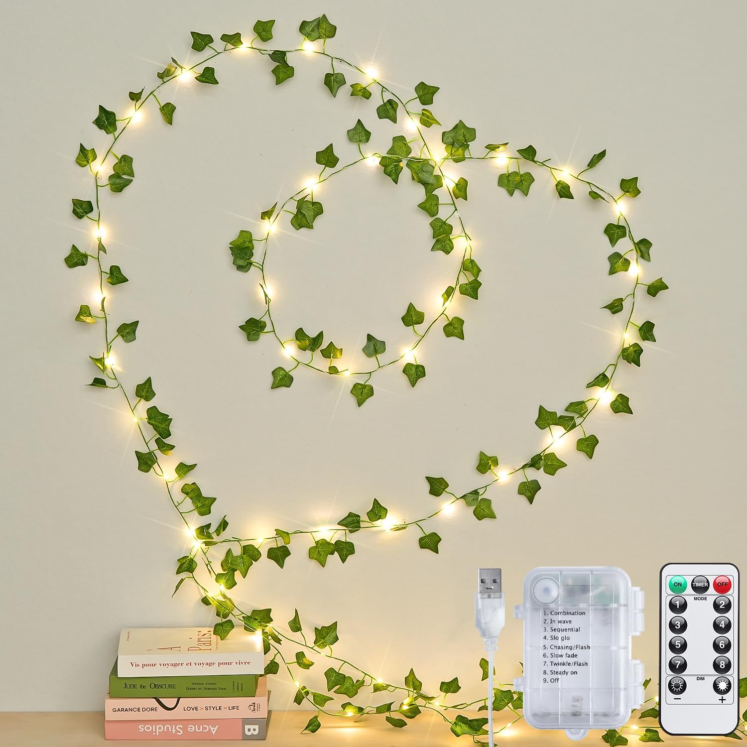 JMEXSUSS 100 LED Vines with Fairy Lights USB/Battery Operated, 33 FT Ivy Vine Lights with Remote, Fake Leaf String Lights for Bedroom Classroom Wall Dorm Garden Wedding Decor (Warm White)
