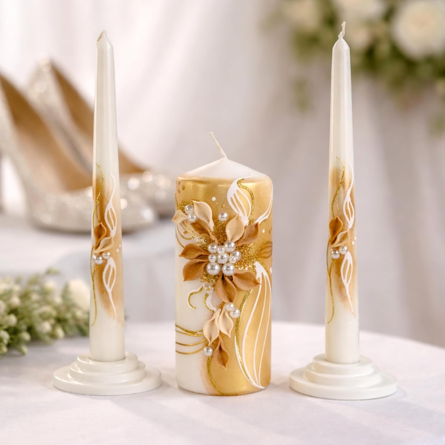 Unity Candle Set for Wedding Ceremony – 6” Pillar & Two 10” Taper Candles – Long Burning Wedding Unity Candles for Reception Marriage Ritual & Home Decor - Handmade in USA – White | Gold