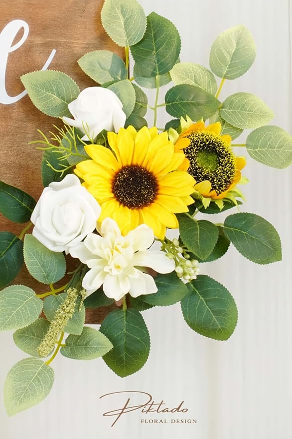 Wedding Decor (Pack of 2) Welcome Sign Flower Backdrop Garland for Ceremony Reception Wall Easel Home Decoration Entryway Faux Outdoor Board Head Table Decor (Sunflower)