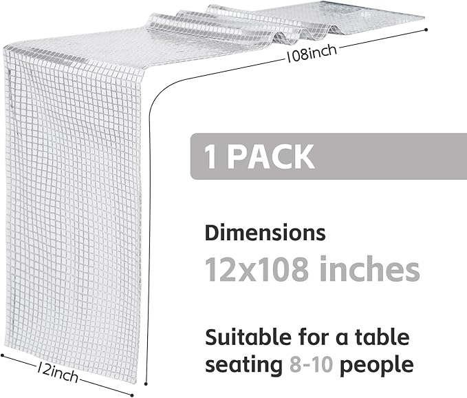 SquarePie Disco Table Runner 1 Pack - Silver Mirror Sequin Glitter Foil Runner for Disco Party Decor Retro 70s 80s Theme, Bachelorette Birthday Dance Decoration 12x108 Inch