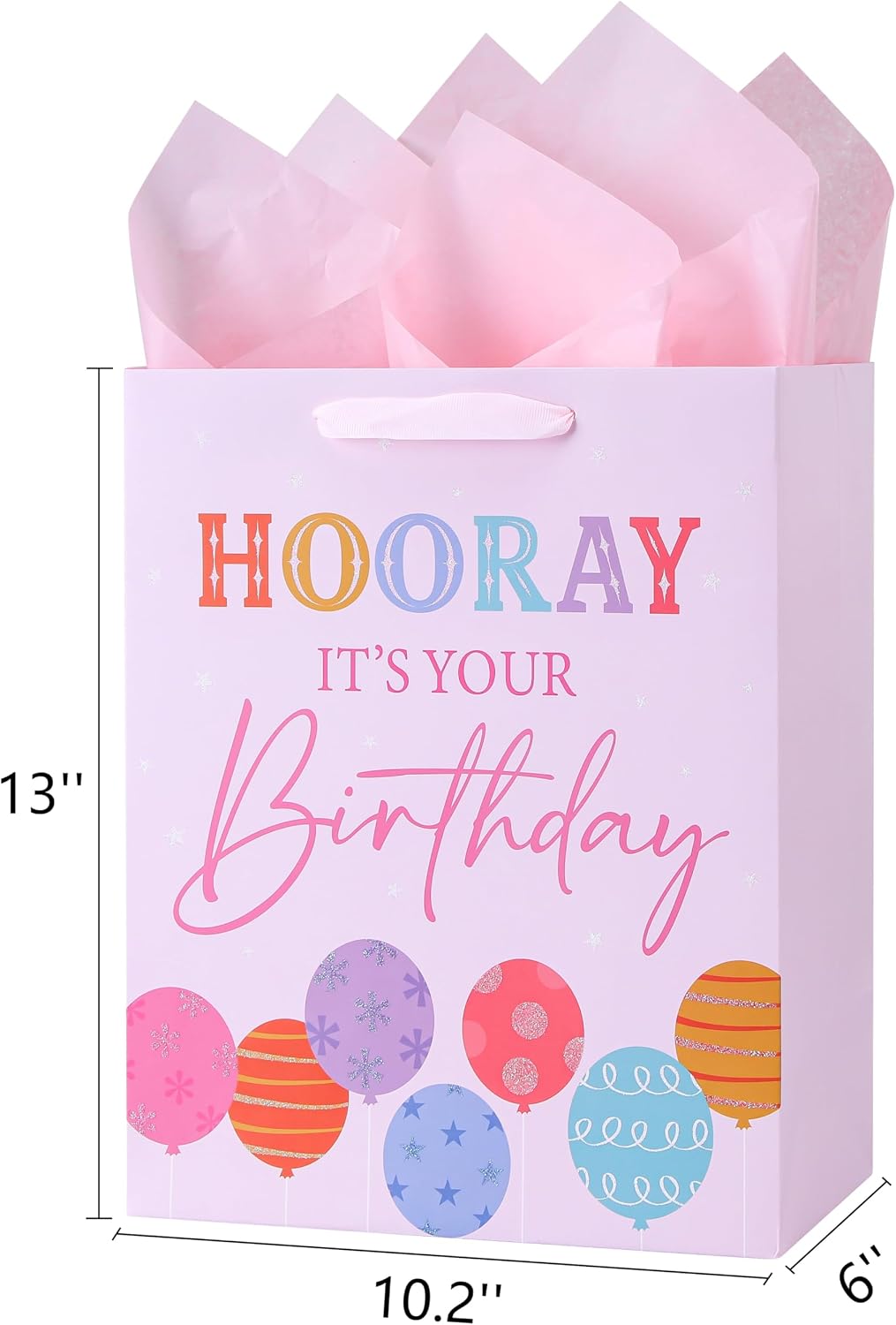 SUNCOLOR Large Birthday Gift Bag Set, Pink Balloon Theme, 13x10.2x6 Inch with Tissue Paper, Greeting Card, Envelope for Women and Girls Party Presents