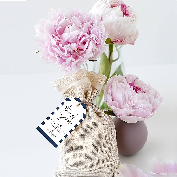 Andaz Press 100-Pack Personalized Thank You Tags with Bakers Twine Nautical Beach Custom Cardstock Wedding Gift Tags for Wedding Party Favors 2 x 3.75-Inches