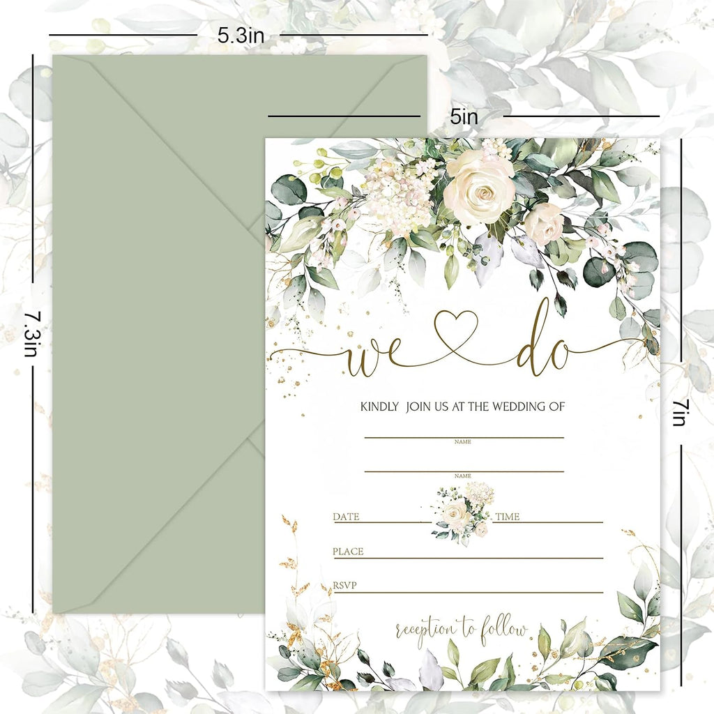 Whaline 25 Sets Greenery Floral Wedding Invitation with Envelopes Stickers Eucalyptus Leaves Fill in Blank Invites Cards for Bridal Shower, 5 x 7 Inch