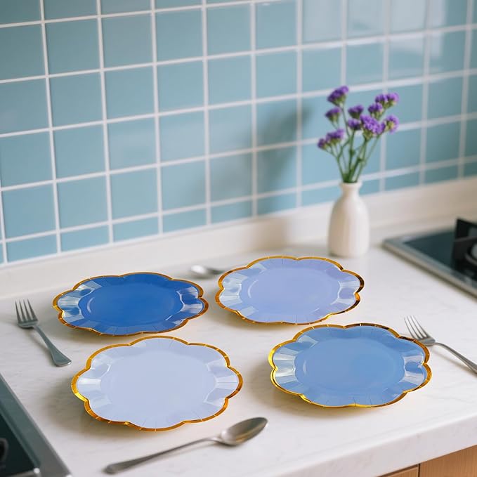 48Pcs Light Blue Scalloped Party Plates - 7inch Gold Foil Gradient Blue Dessert Paper Plate Disposable Cake Plates for Birthday Bridal Baby Shower Wedding Party Decorative Supplies