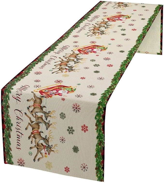 Christmas Table Runner,Xmas Deer Cute Santa Claus Red Plaid Pattern Printed Tablecloth Burlap for Hotel Indoors Outdoor Dining Room Kitchen Home Decor,W13X L80 in
