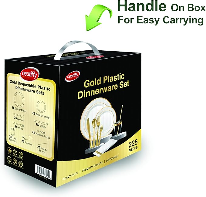 Neatiffy 225 Pcs Gold Rim Plastic Dinnerware Set (25 Guest) | 25 x (Dinner Plate, Dessert Plate, Gold Plastic Silverware, Cup, Napkin, Straw) | For Wedding, Luxurious Party, Special Event
