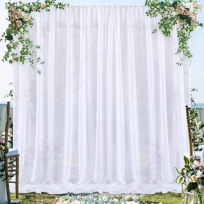 PARTISKY 10x10ft White Chiffon Sheer Backdrop Curtains (2 Panels 5x10ft Each) -Wrinkle-Free Drapes for Wedding, Birthday Party & Photography Stage Decor