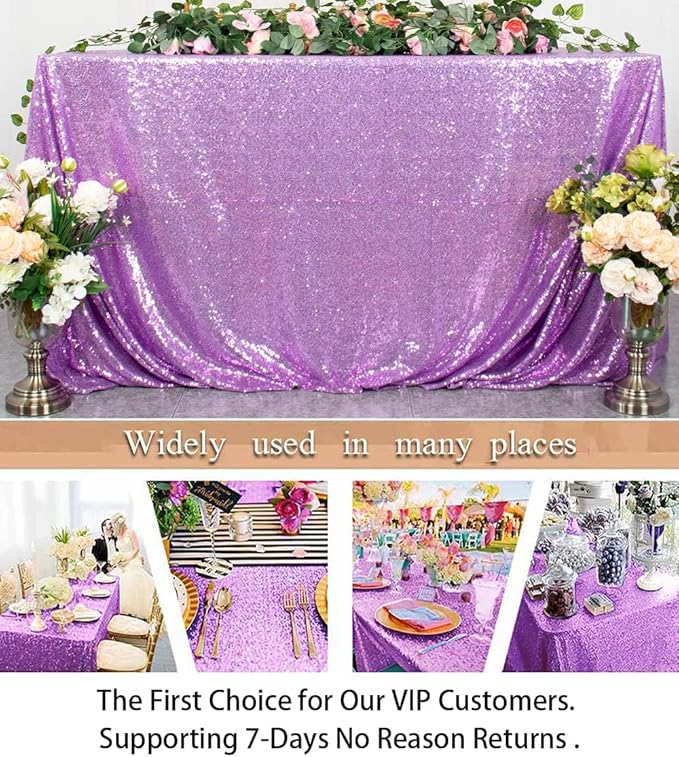 ShinyBeauty 72x72 Inch Square Sequin Tablecloth Overlay - Lavender Shimmer Wedding Table Cover for Cocktail Party, Light Purple Sparkling Cake Table Decoration
