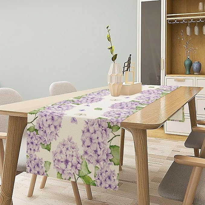 Watercolor Hydrangea Flower Table Runner, Spring Summer Seasonal Plants Butterfly Pink Lavender Dinner Runner for Home Kitchen Dining Table Party Holiday Decoration 13"x36"