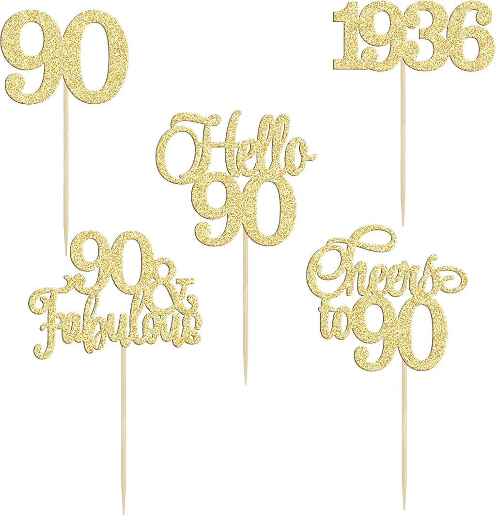 Gyufise 30Pcs 90th Birthday Cupcake Toppers 90 Fabulous Cupcake Picks Cheers to 90 1935 Cake Decorations for Happy 90th Birthday Wedding Anniversary Party Decoration Supplies Gold