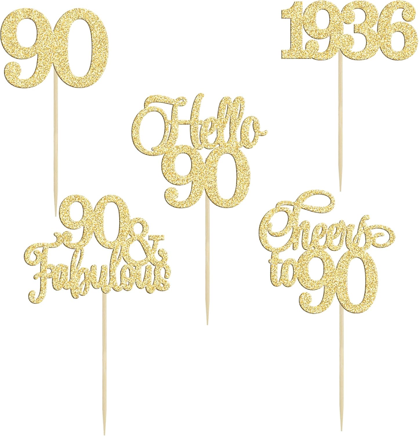 Gyufise 30Pcs 90th Birthday Cupcake Toppers 90 Fabulous Cupcake Picks Cheers to 90 1935 Cake Decorations for Happy 90th Birthday Wedding Anniversary Party Decoration Supplies Gold