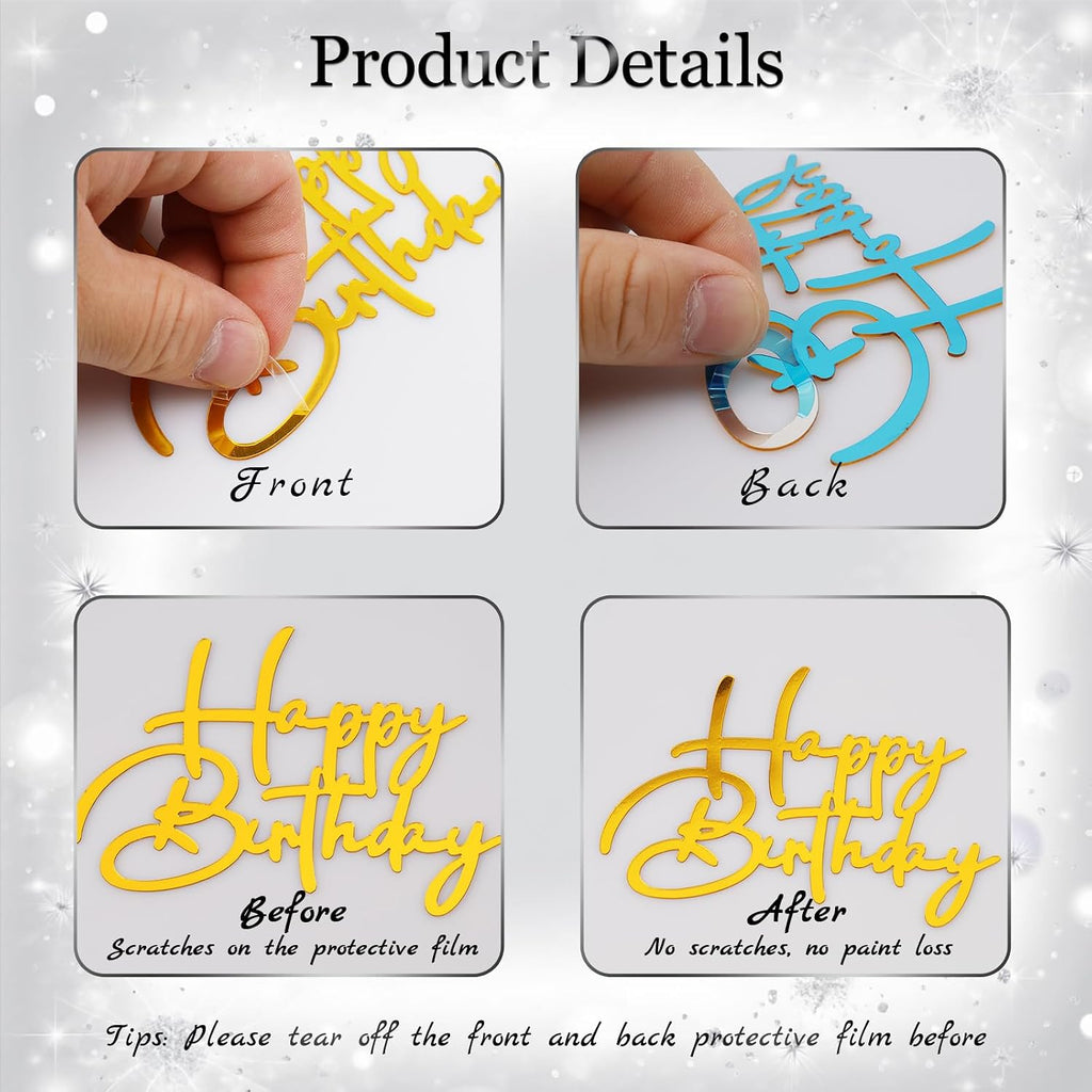 30PCS Happy Birthday Cake Topper Acrylic Cake Toppers for Party Supplies | Mirror Design Total 10 Styles Double-Sided DIY Gift Gold Silver Black Mixed