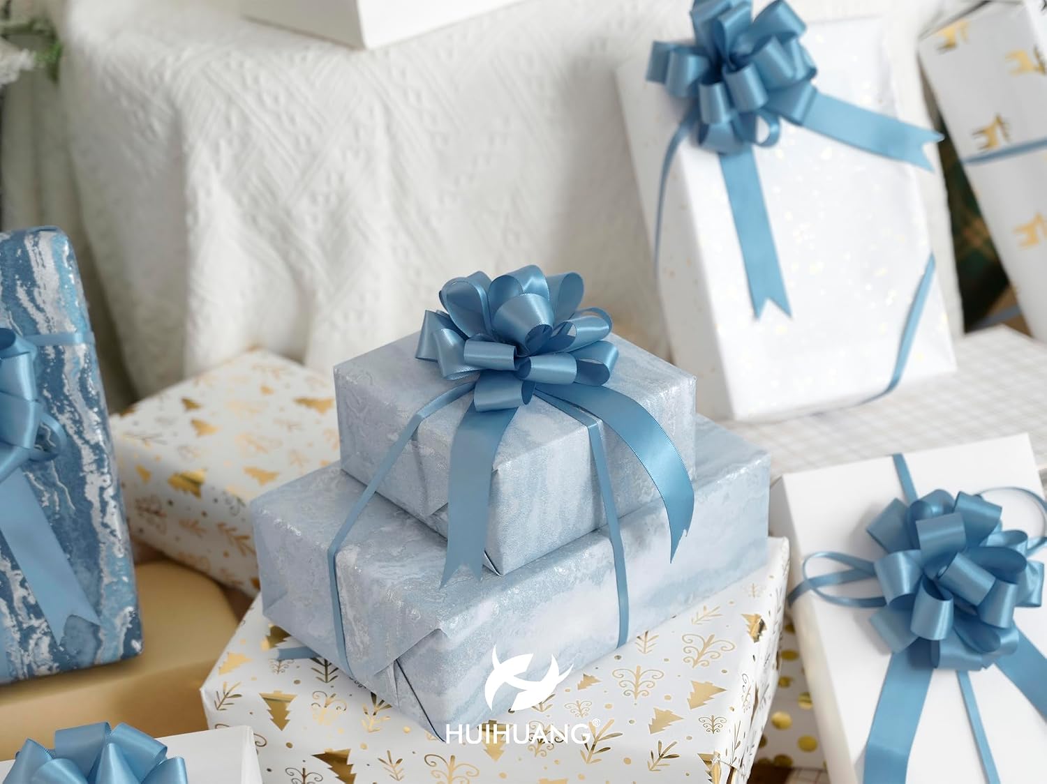 HUIHUANG Dusty Blue Pull Bows 4"x8" Blue Satin Gift Bow for Gift Wrapping, Presents, Gift Basket, Paper Bag, Baby Shower Favors, Wrapping Accessories, Wedding Bridal Shower Decor, 12 PCS