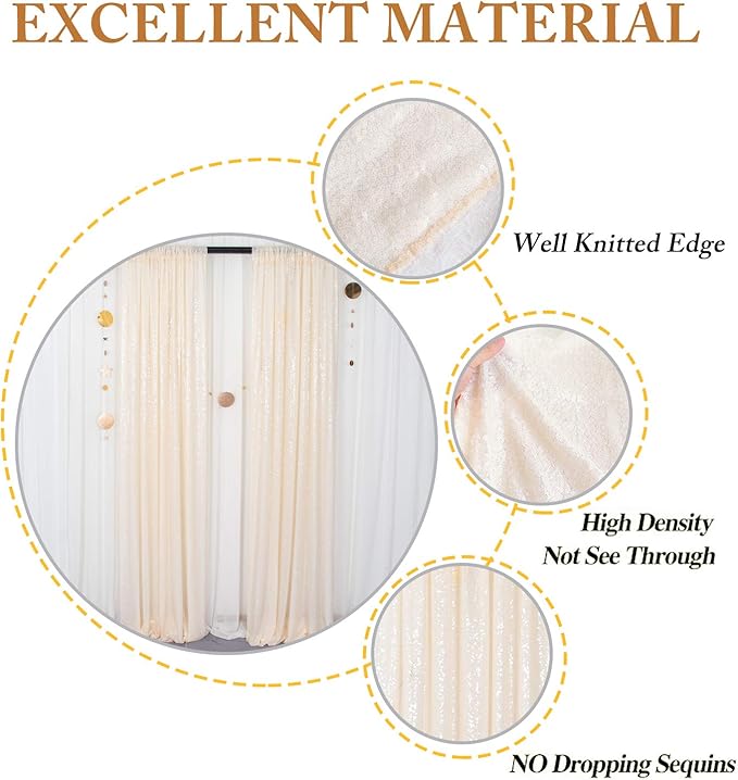ShinyBeauty Ivory Backdrop 2FTx8FT Sequin Curtains 8 Pieces Photo Backdrops Glitter Photograph Background Beige Curtain Panles for Birthday/Baby Shower/Prom Decorations