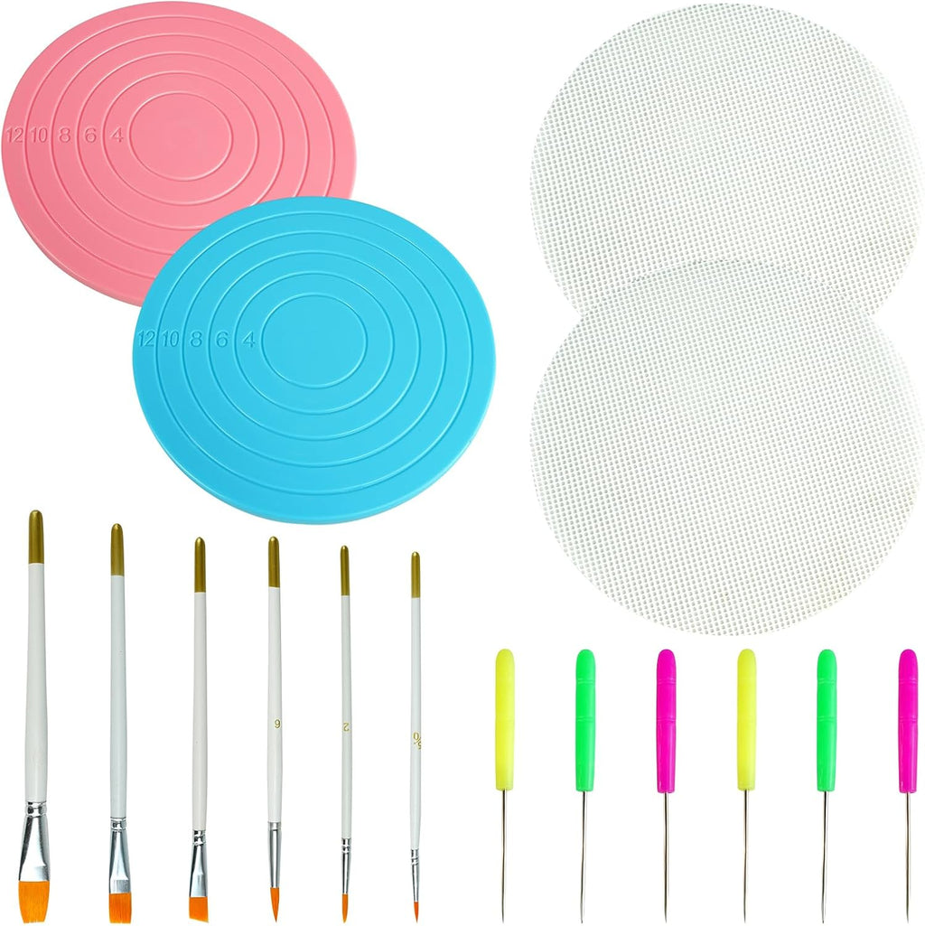 16 Pcs Cookie Decorating Kit Cookie Turntable Decorating Supplies with 2 Acrylic Turntable 6 Scribe Needle and 2 Silicone Mesh Mats 6 Decoration Brushes