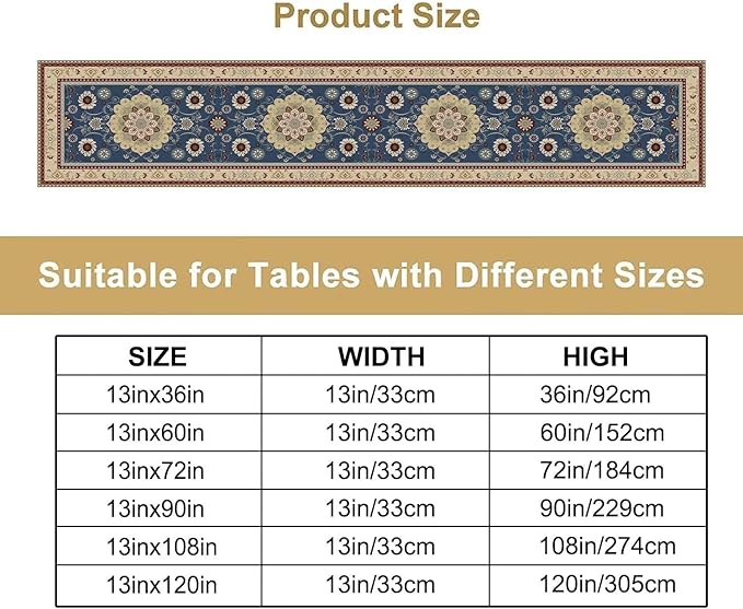 Vintage Boho Floral Table Runner, Elegant Rustic Country Farmhouse Blue Yellow Retro Flower Pattern for Home Kitchen Table Decor Dining Coffee Room Party Decor 13x120in