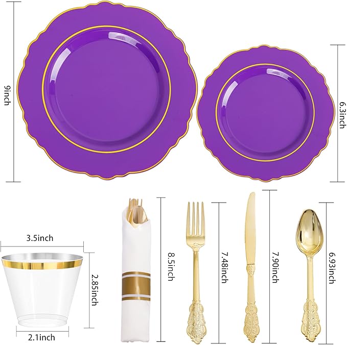 Liacere 350PCS Purple Plastic Plates-Disposable Purple and Gold Plates 50 guest Baroque Plastic Dinnerware include 100Plates,50Pack Pre Rolled Napkins with Silverware 50Cups for Halloween