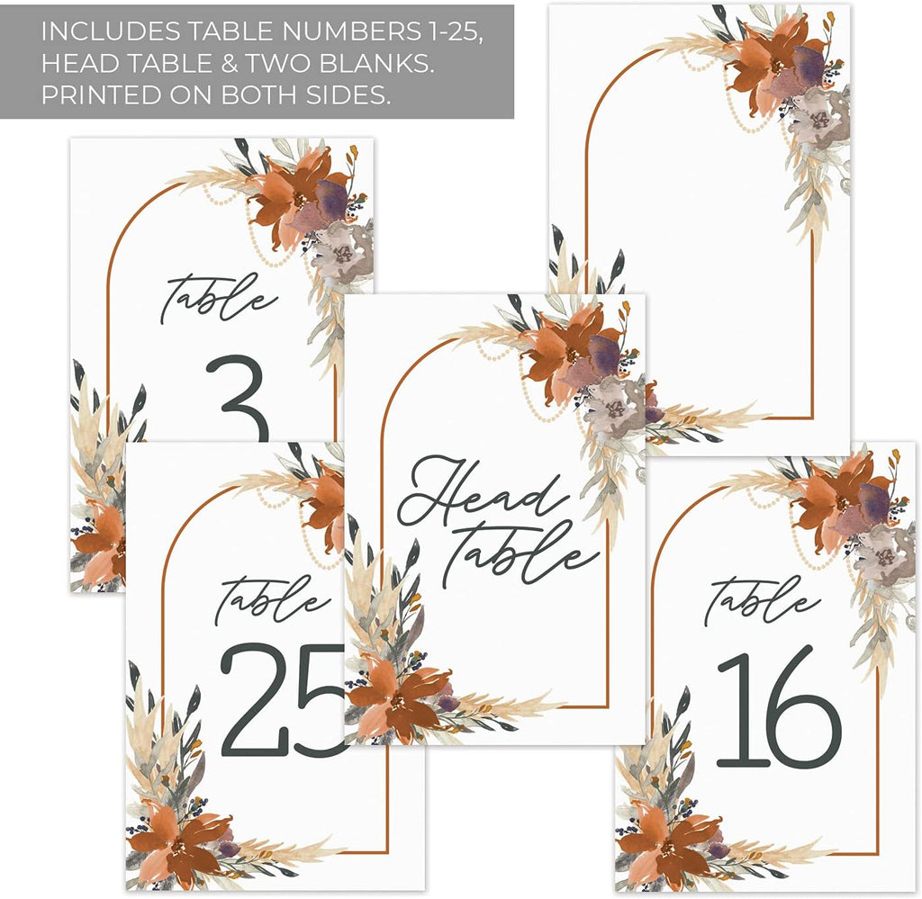 Indie Autumn Floral Table Numbers/Set Of 28 Wedding Table Number Cards / 4" x 6" Indie Botanical Design/Made In The USA