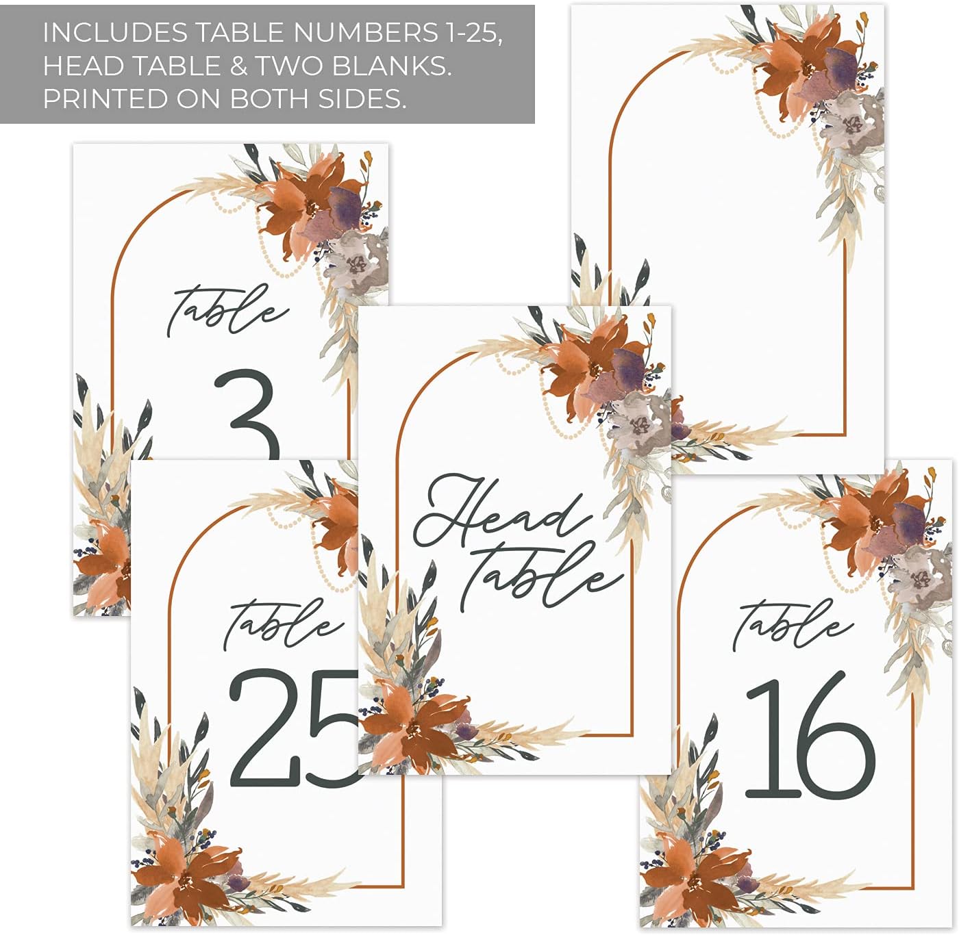 Indie Autumn Floral Table Numbers/Set Of 28 Wedding Table Number Cards / 4" x 6" Indie Botanical Design/Made In The USA