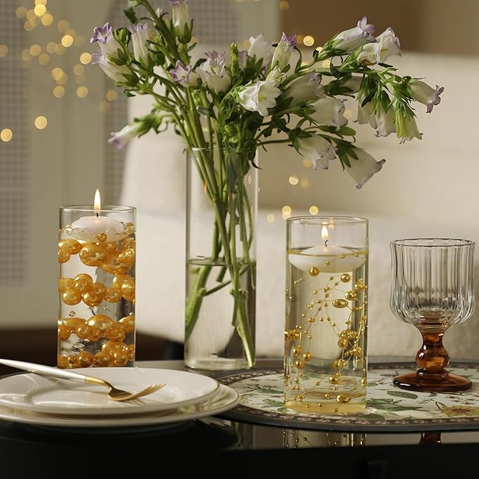 Set of 12 Pcs Glass Cylinder Vases for Centerpieces with 18 Pcs White Floating Candles for Centerpieces Glass Candle Holder for Table Shelf Wedding Party Home Decor (4"+6"+8"+10")