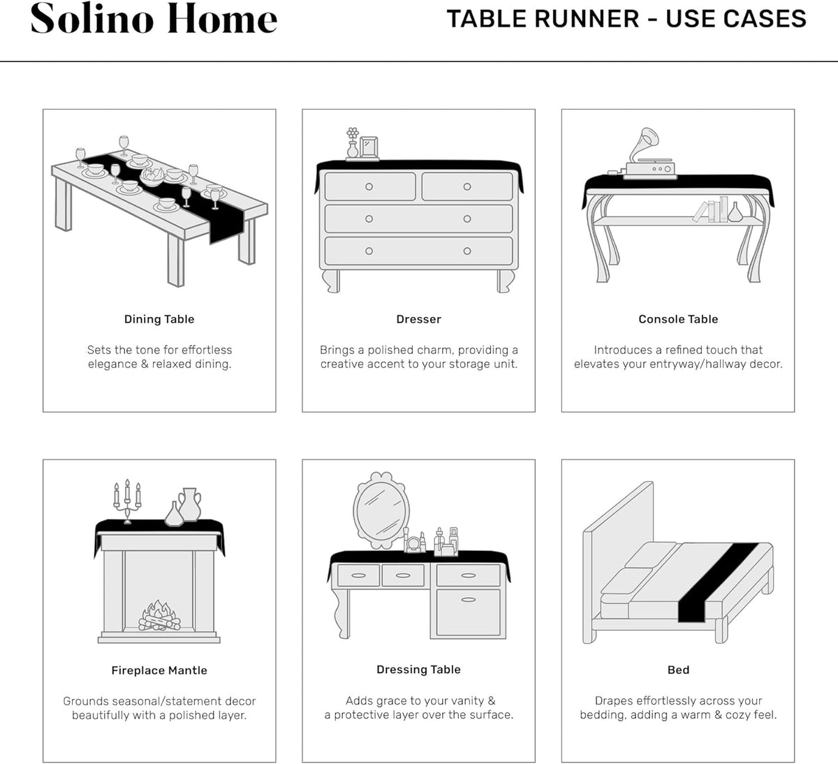 Solino Home 100% Pure Linen Table Runner Black Long, Kensington 14 x 120 in
