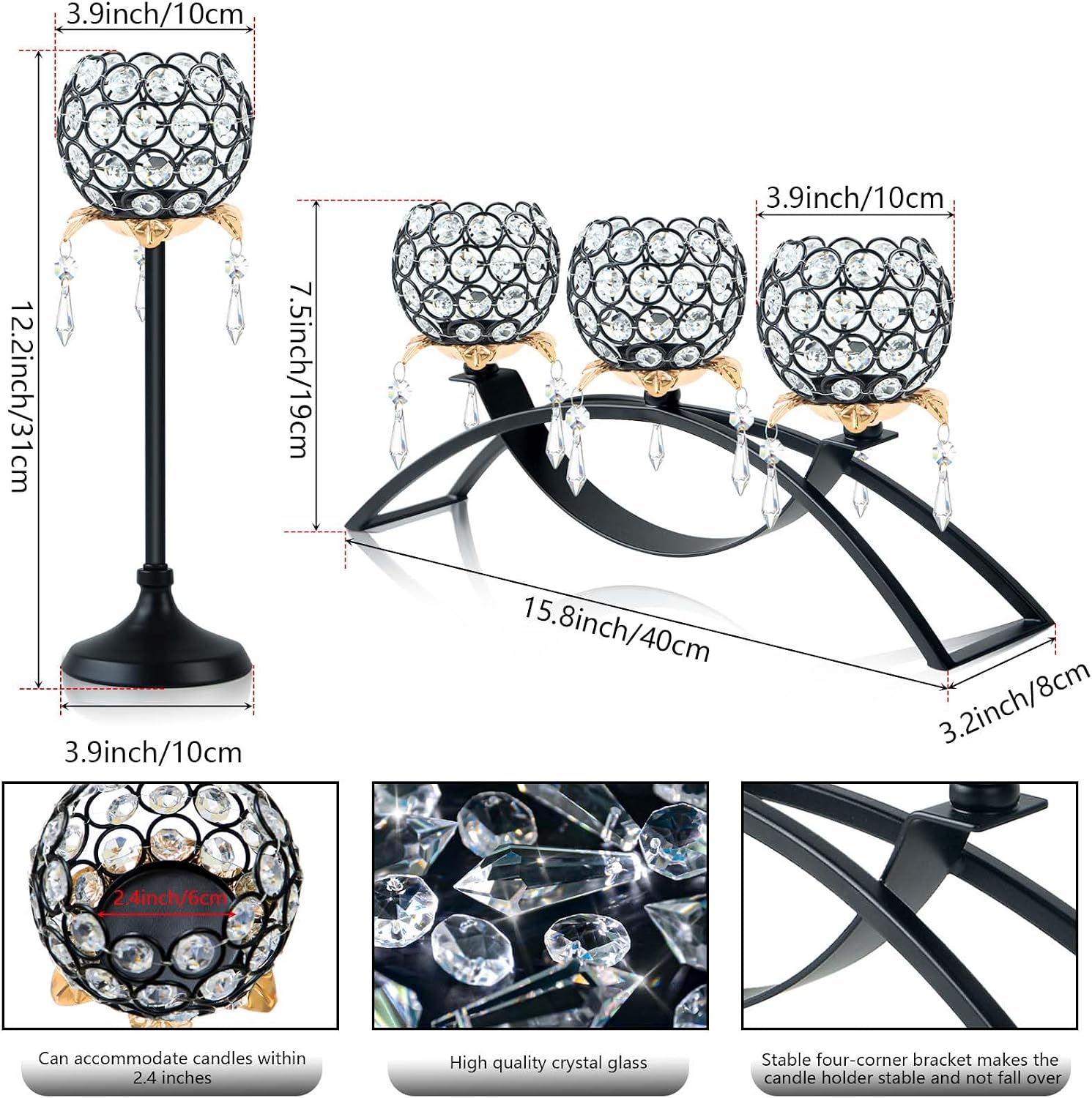 Set of 3 Crystal Tea Light Candlestick Holders Flower Shape with Crystal Pendant Bowl Votive Metal Candle Holder for Table Centerpieces Wedding Home Decor (Black+Gold)