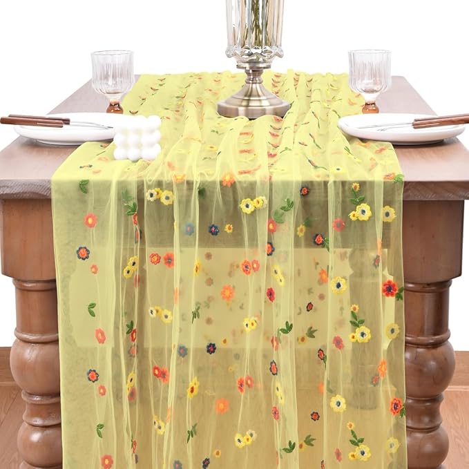 Joanlody 3pcs Yellow Embroidery Daisy Fall Thanksgiving Table Runner Florals Seasonal Tulle Table Runner Holiday Kitchen Dining Table Decoration Wedding Party