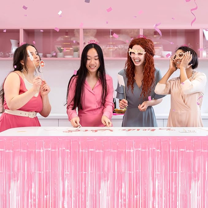 3 Pack 29 x108 Inch Macaron Pink Foil Fringe Table Skirts Metallic Banner for Tinsel Streamer Garland Backdrop for Parade Floats Wedding Thanksgiving Birthday Christmas New Year Party Decoration