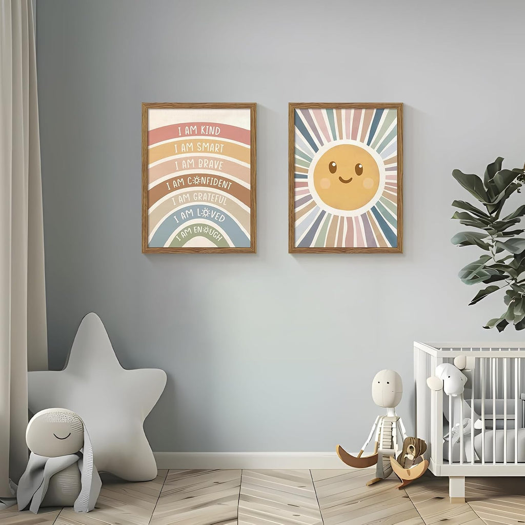 2 Piece Framed Boho Rainbow Kids Room Wall Art 12x16 Inch | Positive Affirmations Playroom Wall Decor, Sun Smiley Face Nursery Painting Canvas Prints for Classroom Toddler Room Decor