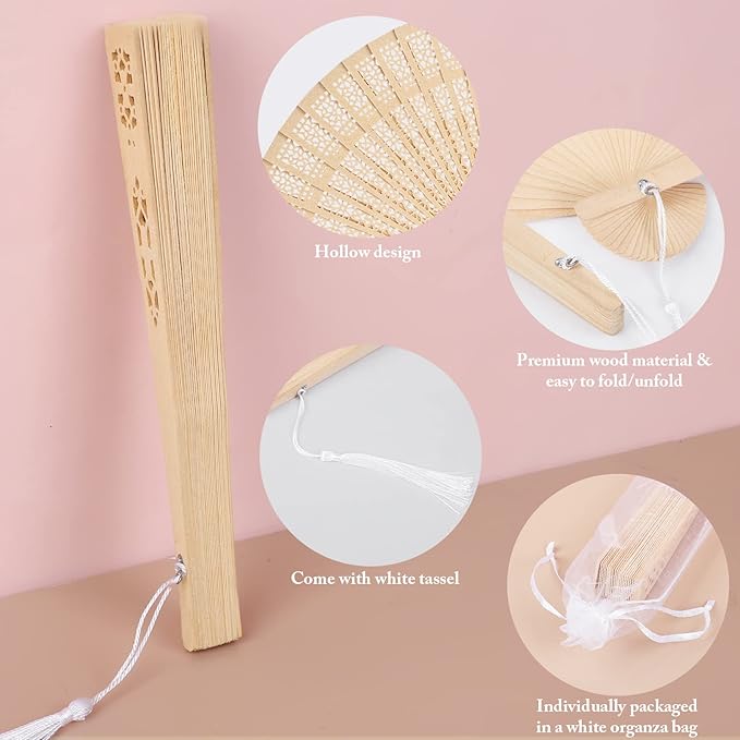 Aodaer 100 Pieces Wooden Folding Fan Sandalwood Folding Hand Fan Openwork Vintage Chinese Fan with White Tassel, Organza Bag and Greeting Cards for Wedding Birthday Party Favors Home Decorations