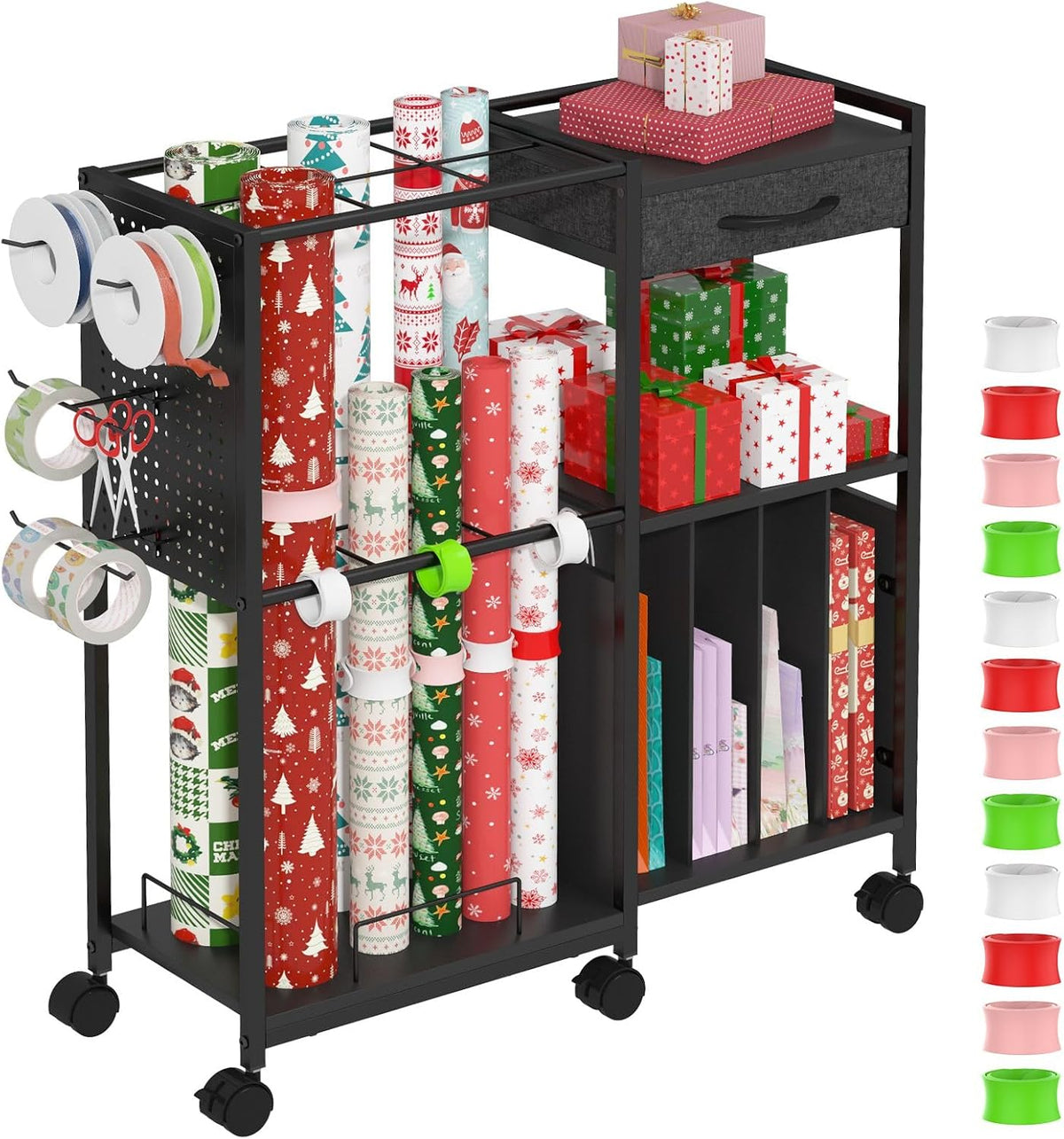 wrapping paper storage cart, rolling gift wrap station, main product view