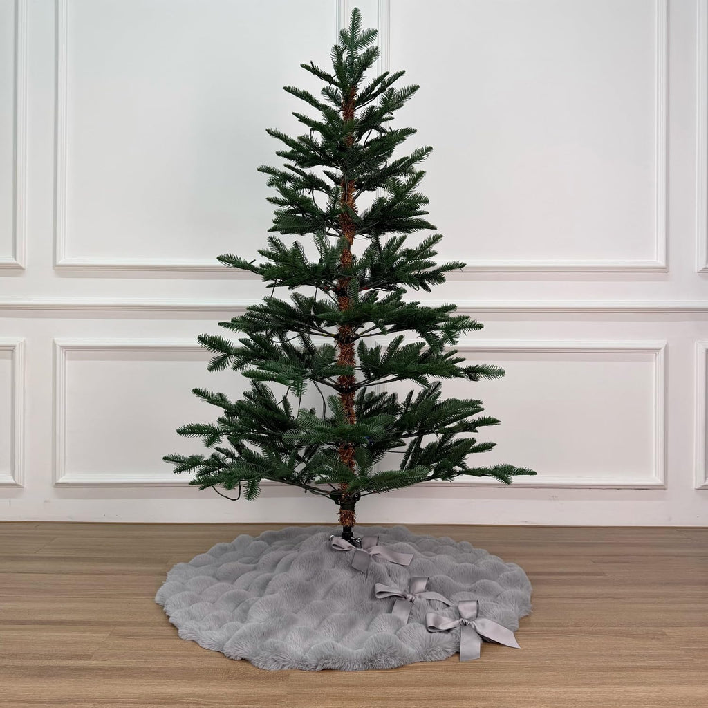 36-Inch Puff Quilt Faux Fur Christmas Tree Skirt, Soft Plush Tufted Texture with Satin Ribbon Ties, Cloud Gray