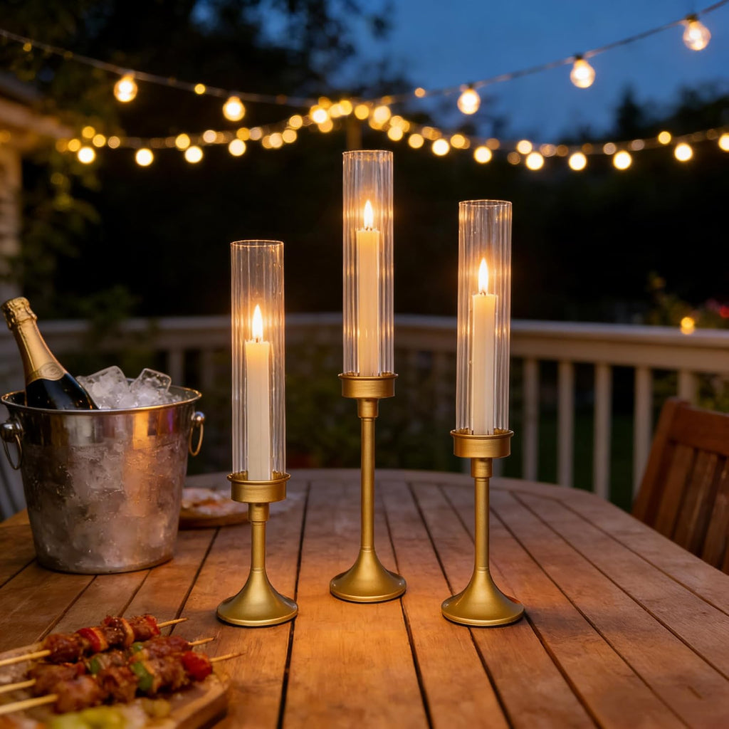 Gold Hurricane Candle Holders - Brass Candlestick Holders Set of 3 Tall Taper Candlesticks Fluted Glass Candle Stick Holder Decor for Wedding Party Christmas Mantel Dining Table Centerpieces