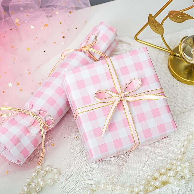 Burymento Pink Checkerboard Wrapping Paper, Gift Wrap for Birthday, Valentines, Mothers day, Graduation, Wedding, Fathers day, Baby Shower, Christmas (17in x 32.8ft)