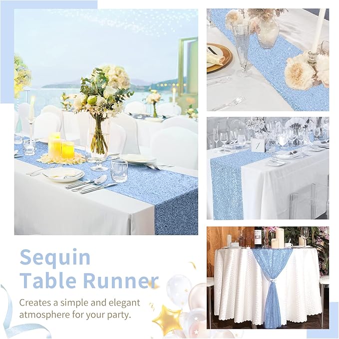 Glitter Sequin Table Runners 10 Pieces 12x108 Inchs Baby Blue Elegant Wedding Sparkly Table Runner Birthday Bachelorette Celebration Decorations Supplies