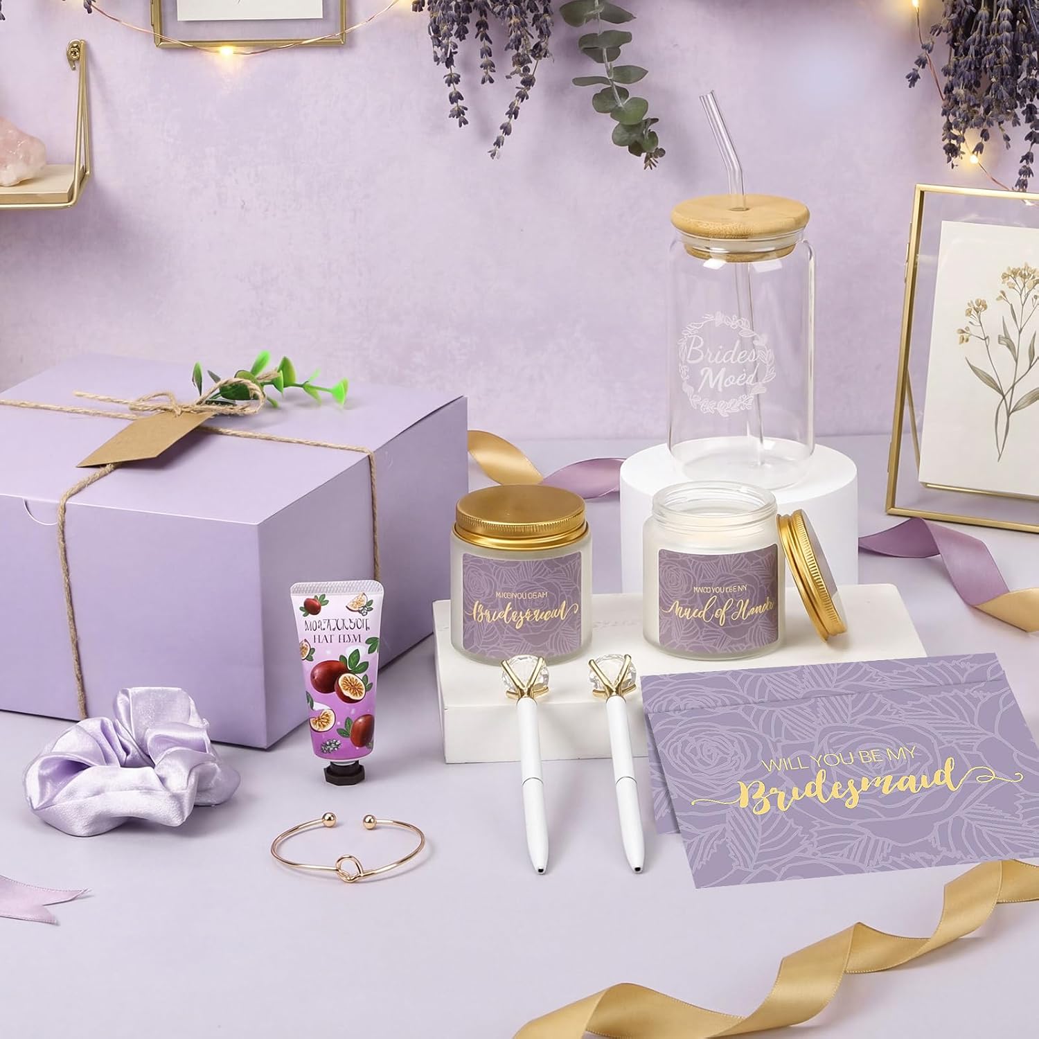 Teenyyou 60 Pcs Bridesmaid Proposal Gifts Bridesmaid Box Set, Maid of Honor Gifts Include Box Glass Cup Candle Cards Hair Ties Knotted Bracelets Hand Cream Diamond Pens (Purple)
