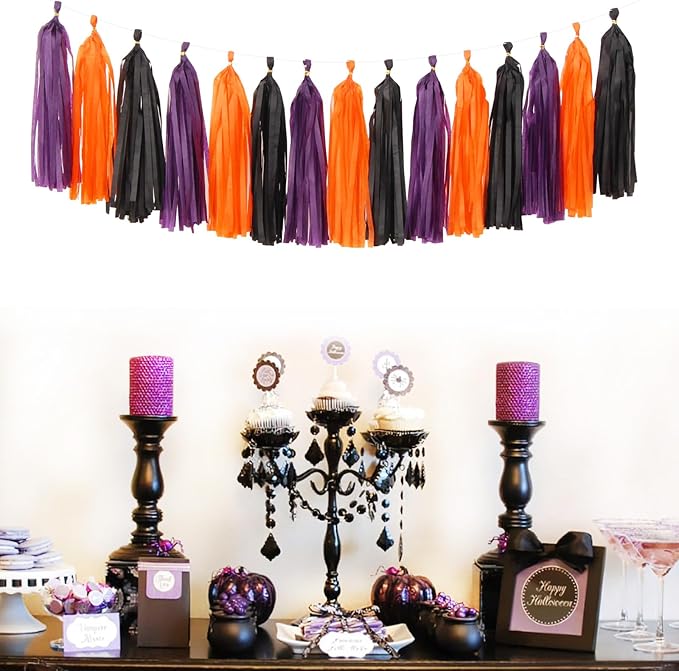 Black-Purple Orange Halloween Party-Decorations Tassel-Garland - 15pcs Graduation 2025 Supplies Tassels, Birthday Wedding Baby Bridal Shower Decor Panduola