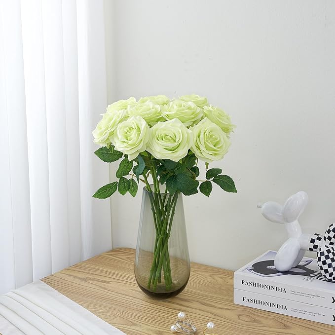 Artificial Rose 10pcs Open Flower Bouquet Faux Rose Stems for Wedding Arrangement, Bridal Bouquet, Centerpiece, Fake Faux Silk Flowers (Pale Green)