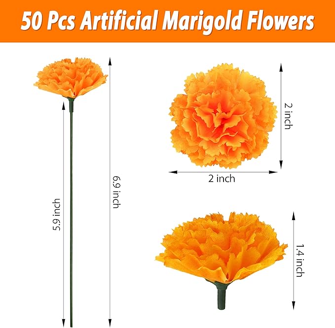 50 Pcs Artificial Marigold Flowers,2" Silk Marigold Flower Heads with Stems,Orange Flowers Artificial for Diwali Decor,Indian Wedding,Home,DIY Wreath Garland,Day of The Dead Decorations