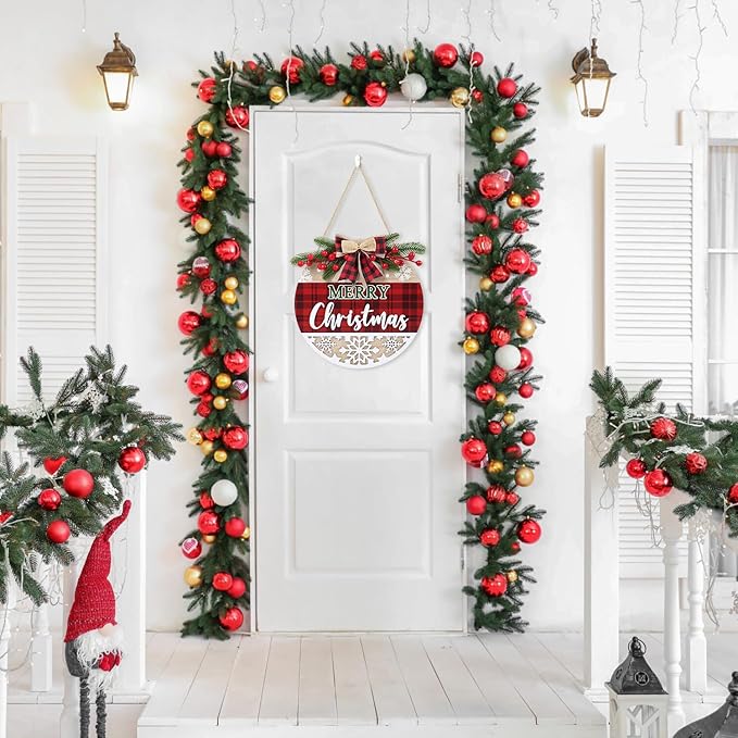 CHDITB 3D Merry Christmas Front Door Sign Wreath(11.4”), Red Black Bufflao Plaid Christmas Decoration Wall Hanging with Snowflakes Berries Mistletoe, Rustic Farmhouse Xmas Decor for Home Winter Party