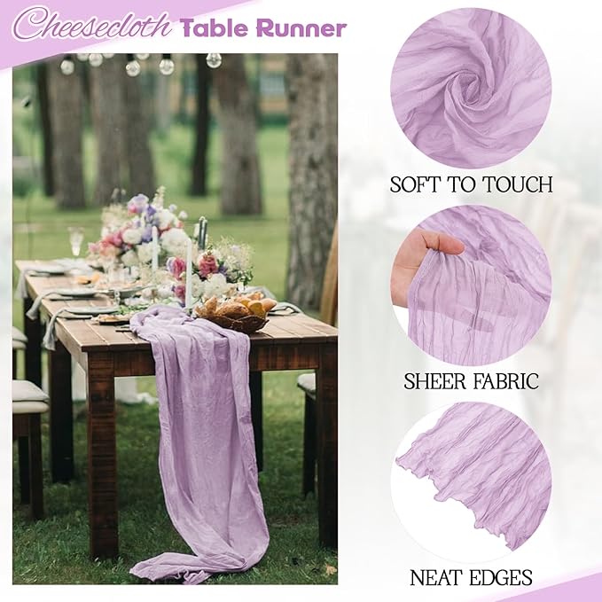 Aktor 4 Pack Lavender Table Runner Boho Cheesecloth Table Runner Semi Sheer Gauze Fabric Runners for Wedding Birthday Baby Shower Party Boho Table Decoration（Lavender）