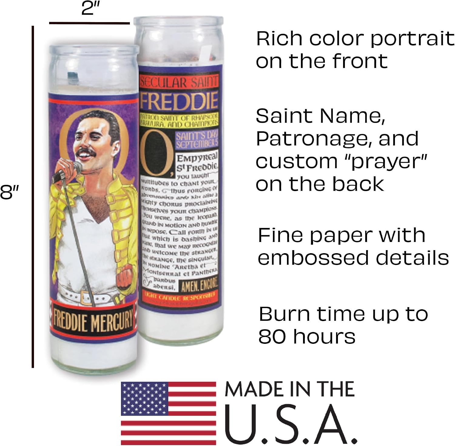 The Unemployed Philosophers Guild Freddie Mercury Secular Saint Candle - Unscented 8 Inch Tall Glass Prayer Votive, Made in the USA, Vegetarian Wax