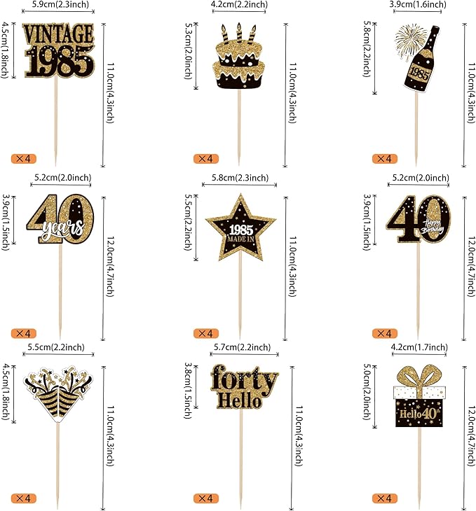 36PCS Happy 40th Birthday Cupcake Toppers Double Sided Black Gold Forty Hello 40 Vintage 1985 Cupcake Picks Cheers to 40 Years 40 Fabulous Cake Decorations for 40th Birthday Party Supplies