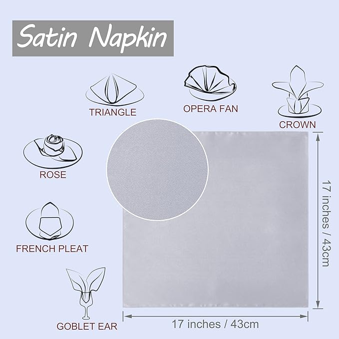 Horbaunal 30 Pack Silver Satin Napkins 17 x 17 Inch, Square Soft Table Dinner Napkins, Silky Cloth Napkins Table Decoration for Weddings Banquets Parties