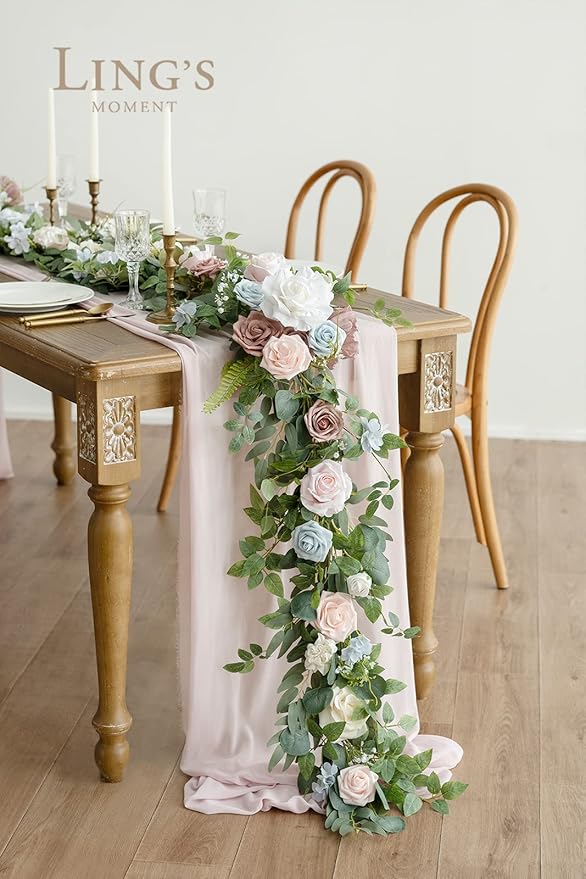 Ling's Moment Flower Garland - 6FT Eucalyptus & Rose - Sweetheart Table Decor for Wedding Reception, Artificial Floral Garland for Mantle, Thanksgiving, Christmas Decoration, Blush Powder Blue