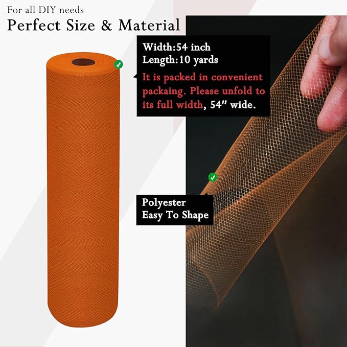 Orange Tulle Fabric Rolls 54 Inch by 10 Yards Fabric Tulle Bolt for Wedding Halloween Decorations Gift Wrapping DIY Tutu Baby Shower Table Skirt Birthday Party Craft Supplies