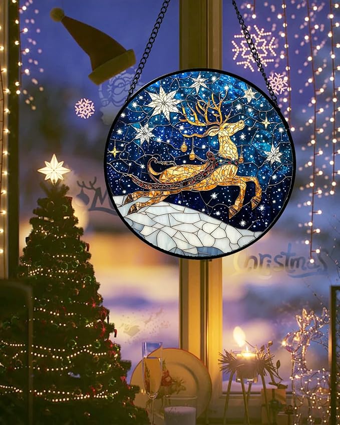Stained Glass Window Hanging - Reindeer Blue Starry Sky Suncatcher for Doors Home Christmas Decoration Winter Sun Catcher Thanksgiving New Year Birthday Gifts for Women Men Mom Nana 11.8 in