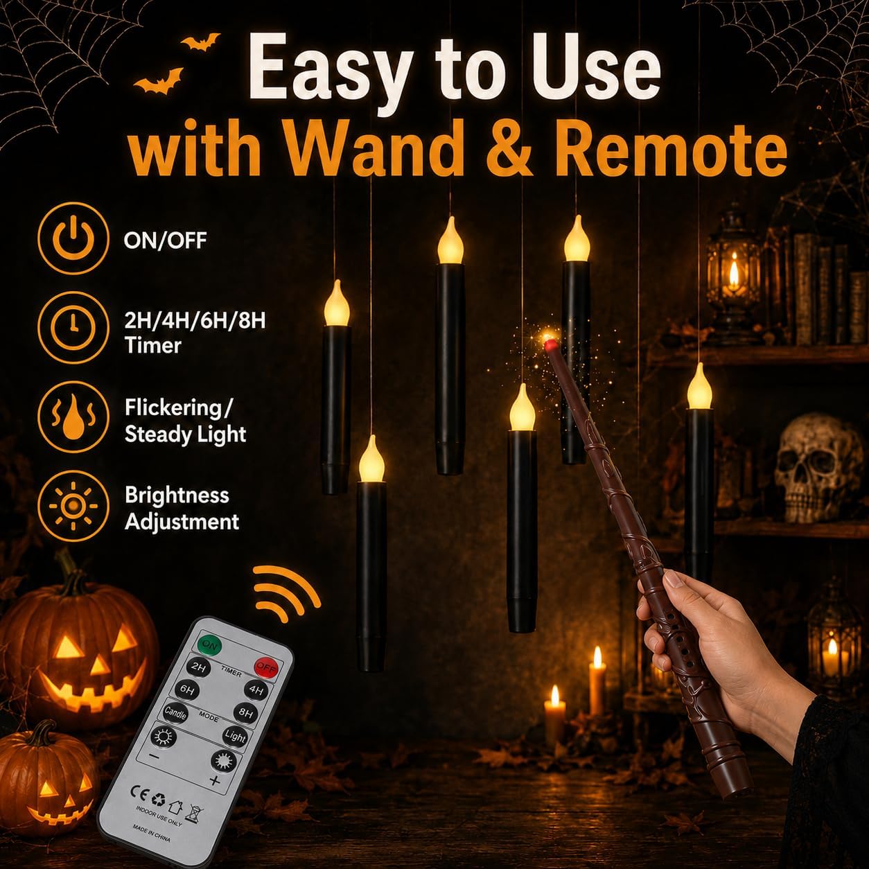 Lezonic 12Pcs Floating Candles with Wand and Remote, Magic Black Flameless Candles Battery Operated, Flikering Hanging LED Taper Candlesticks Halloween Decorations, 0.8" x 6"